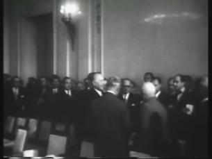 Konrad Adenauer verhandelt mit Nikita Chruschtschow und Nikolai Bulganin